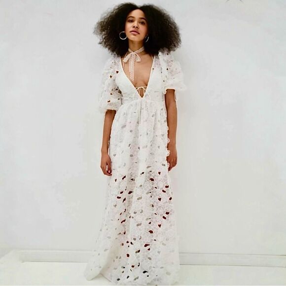 For Love &‎ Lemons Leighton Maxi Dress XS White Floral Organza Open Back - Picture 1 of 16